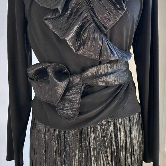 Joseph Ribkoff Metallic Lamé Ruffle-Collar Black Wrap Top with Obi Belt – US 12 - Picture 2 of 8